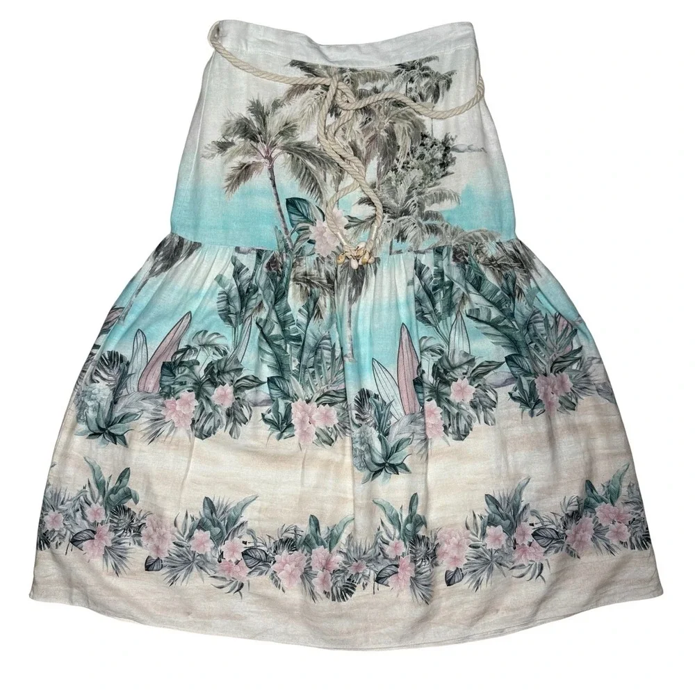 Joie Midi Skirt Tiered‎ Medium Linen Blend Rope Shell Belt Hawaiian Beach Pastel